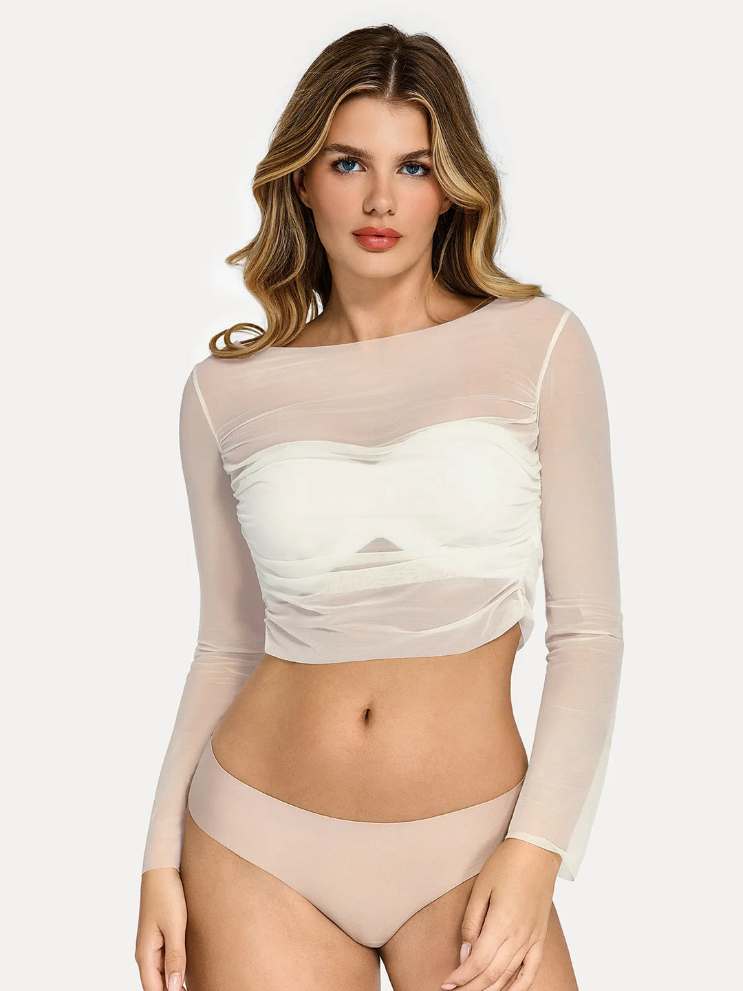Popilush® Shirt Outerwear White / XS Long Sleeve Ruched Sheer Mesh Crop Top