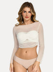 White ruched sheer mesh long sleeve crop top with off-shoulder neckline, showing slimming cropped fit.