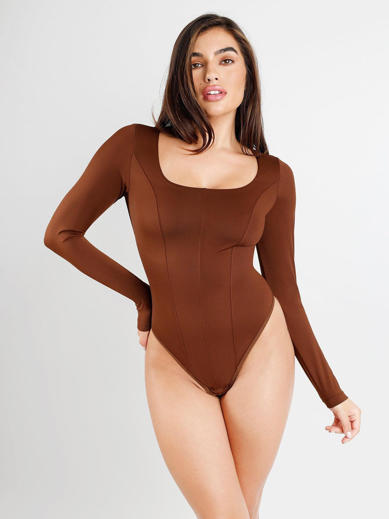 Long Sleeve Low Cut Thong Bottom Bodysuit - High Compression