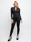 Popilush black long sleeve zip front sculpting jumpsuit with mock neck.