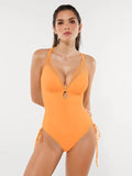 Popilush® Light Orange / XS Mesh Inset Tie-Side Sculpting One-Piece Swimsuit