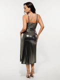 Popilush® Metallic Cowl Neck Side Ruched Sculpting Midi Dress