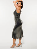 Popilush® Metallic Cowl Neck Side Ruched Sculpting Midi Dress