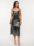 Popilush® Metallic Cowl Neck Side Ruched Sculpting Midi Dress