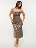 Popilush® Metallic Cowl Neck Side Ruched Sculpting Midi Dress