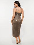 Popilush® Metallic Cowl Neck Side Ruched Sculpting Midi Dress