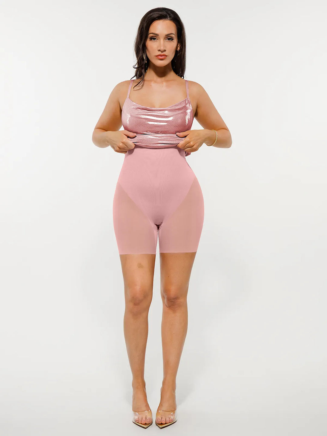 Popilush® Metallic Cowl Neck Side Ruched Sculpting Midi Dress