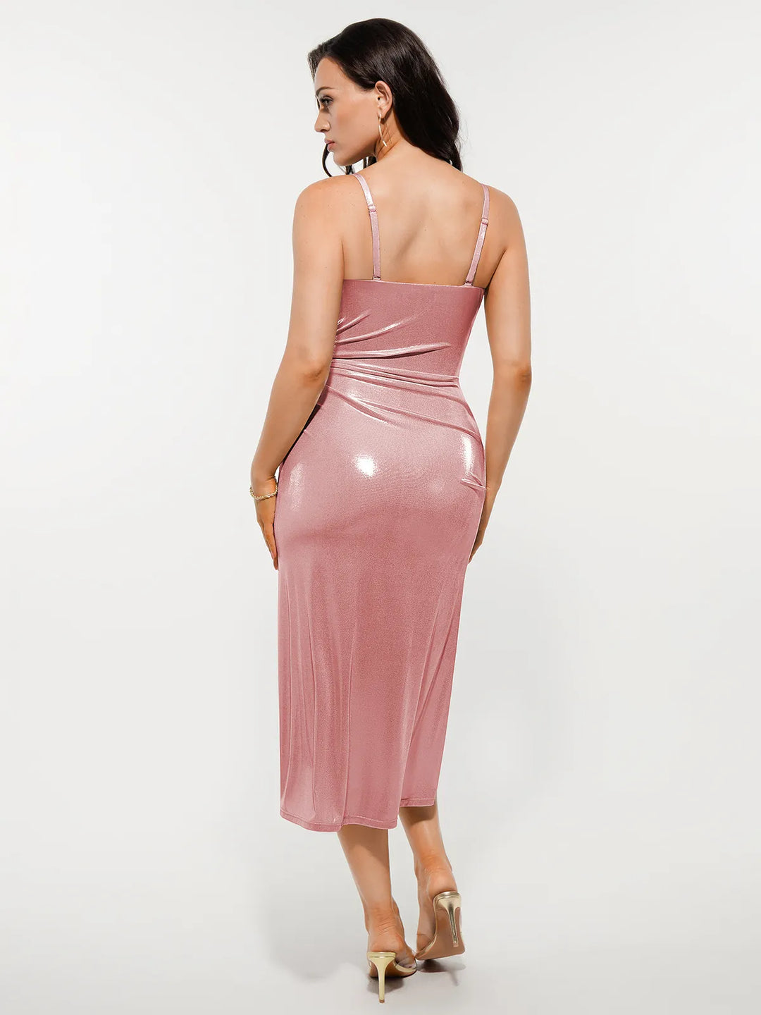 Popilush® Metallic Cowl Neck Side Ruched Sculpting Midi Dress