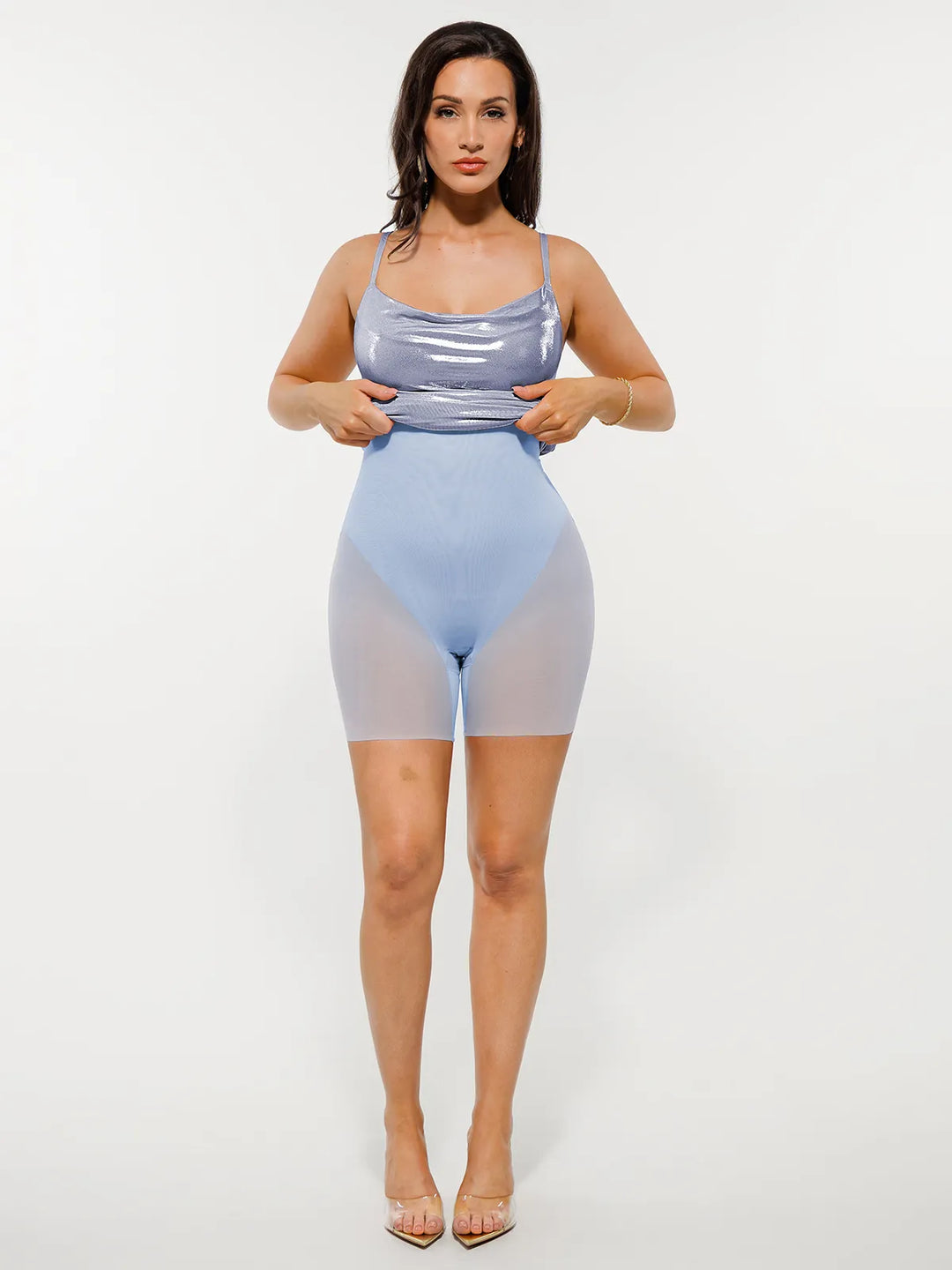 Popilush® Metallic Cowl Neck Side Ruched Sculpting Midi Dress