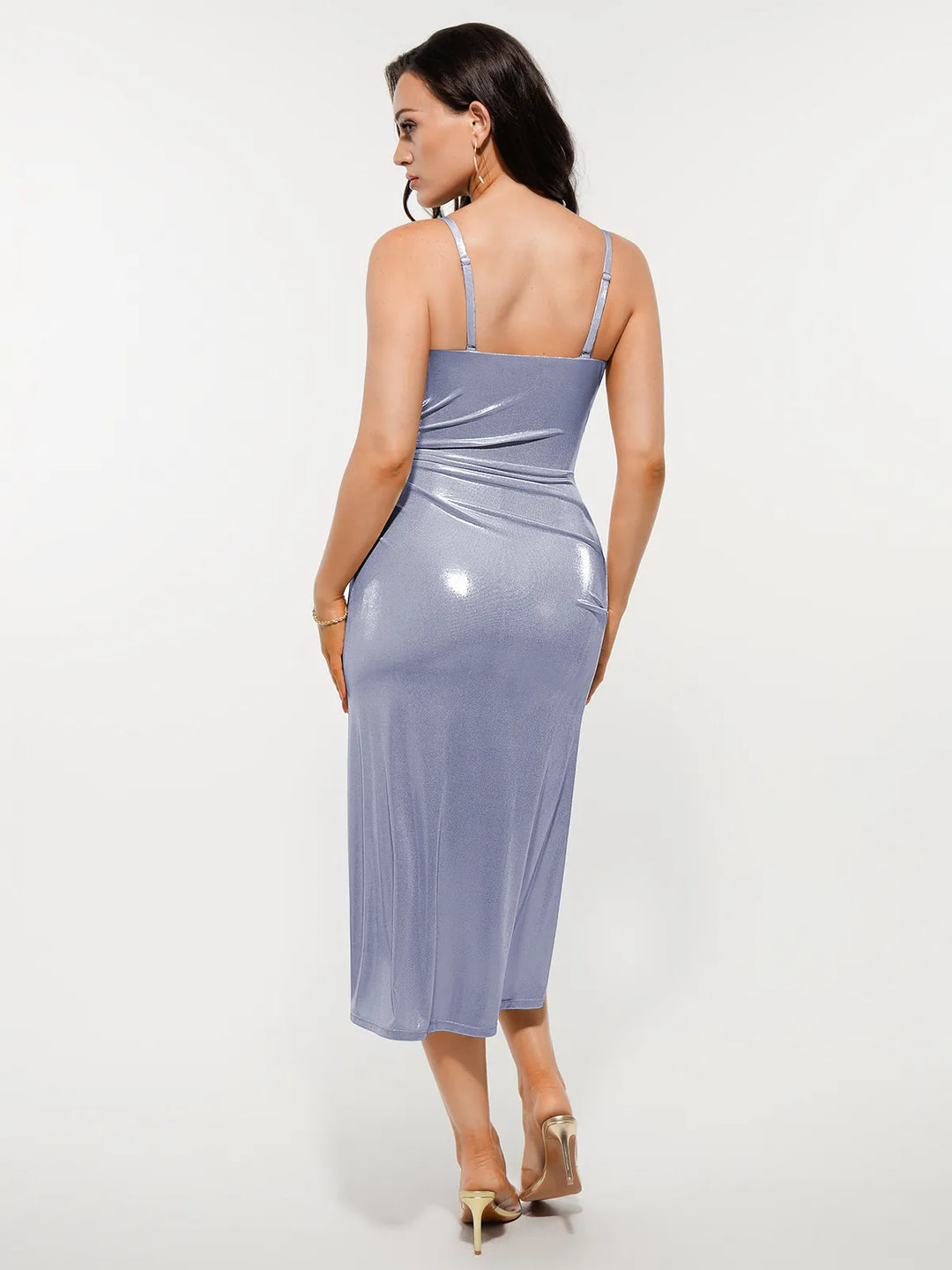 metallic midi dress Metallic Cowl Neck Ruched Sculpting Midi Dress
