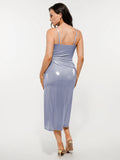 Popilush® Metallic Cowl Neck Side Ruched Sculpting Midi Dress