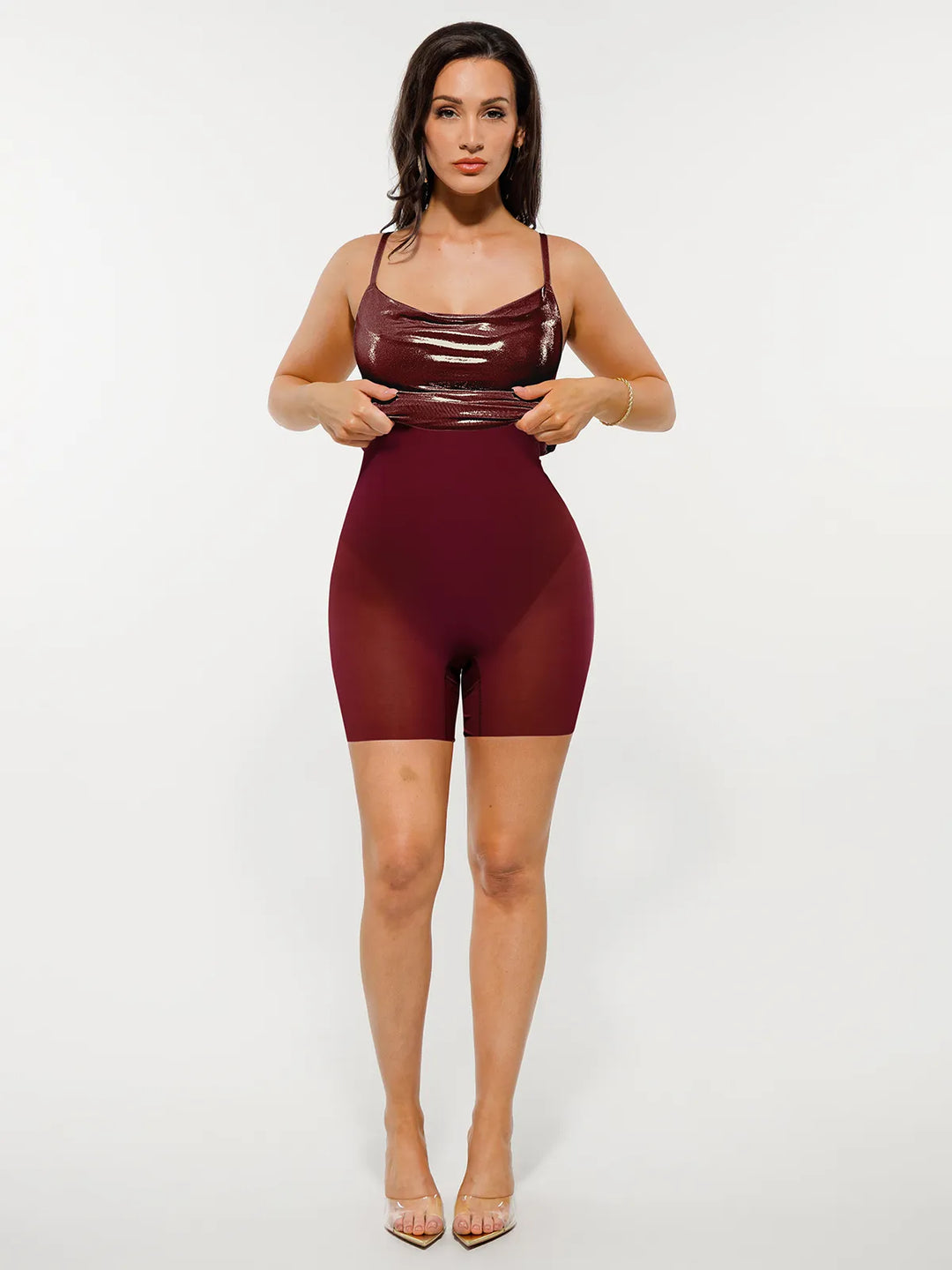 Popilush® Metallic Cowl Neck Side Ruched Sculpting Midi Dress