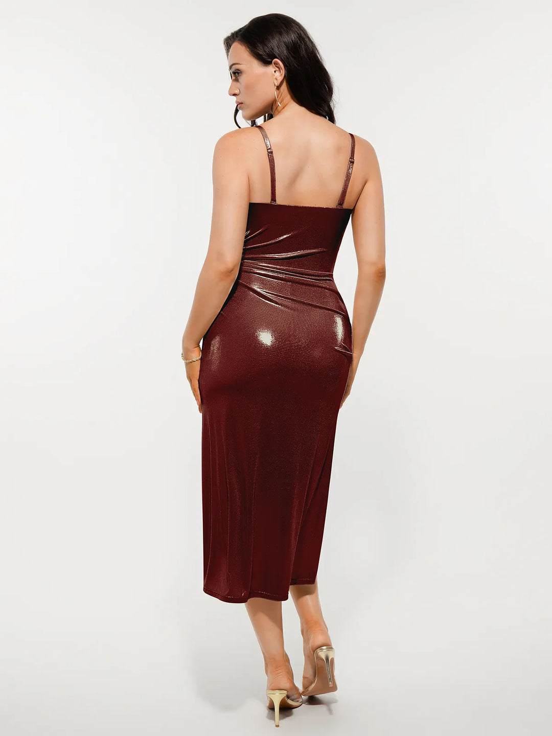 Popilush® Metallic Cowl Neck Side Ruched Sculpting Midi Dress