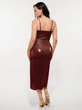 Popilush® Metallic Cowl Neck Side Ruched Sculpting Midi Dress