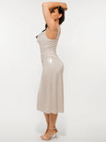 Popilush® Metallic Cowl Neck Side Ruched Sculpting Midi Dress