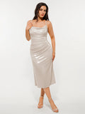Popilush® Metallic Cowl Neck Side Ruched Sculpting Midi Dress