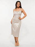 Popilush® Metallic Cowl Neck Side Ruched Sculpting Midi Dress