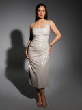Popilush® Metallic Cowl Neck Side Ruched Sculpting Midi Dress