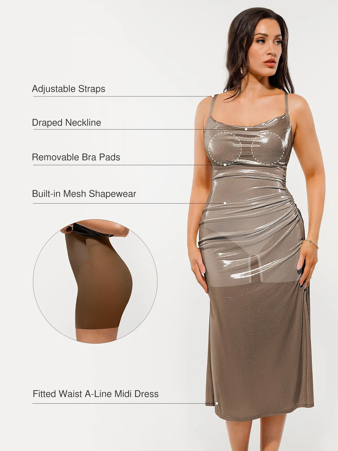 Popilush® Metallic Cowl Neck Side Ruched Sculpting Midi Dress