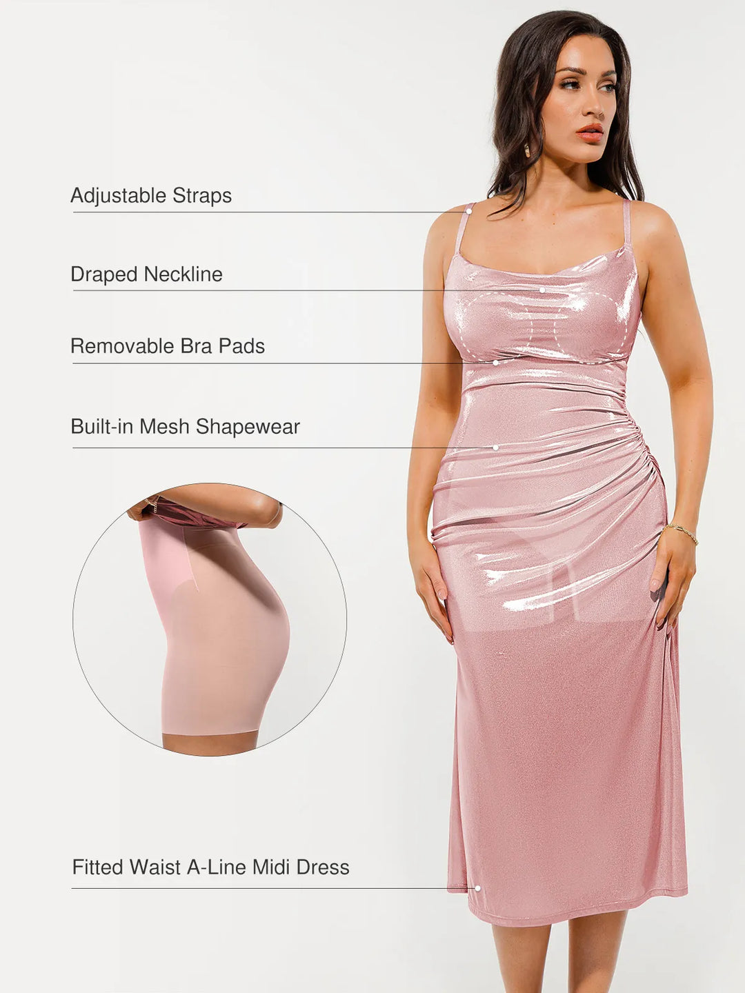 Popilush® Metallic Cowl Neck Side Ruched Sculpting Midi Dress