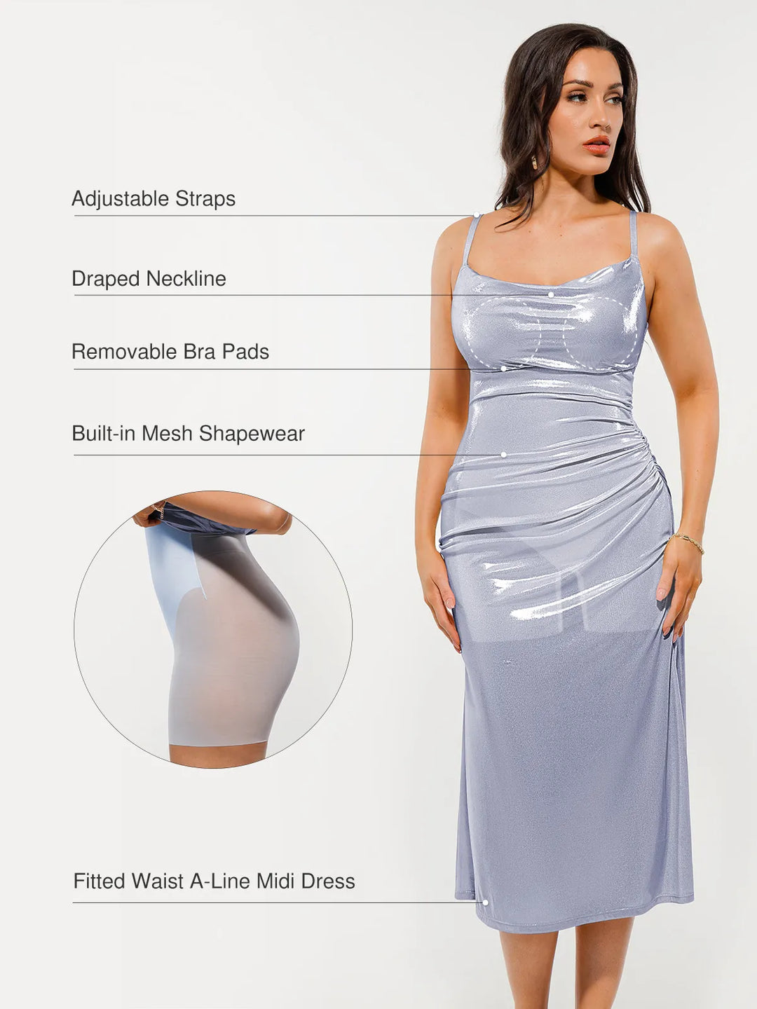 Popilush® Metallic Cowl Neck Side Ruched Sculpting Midi Dress