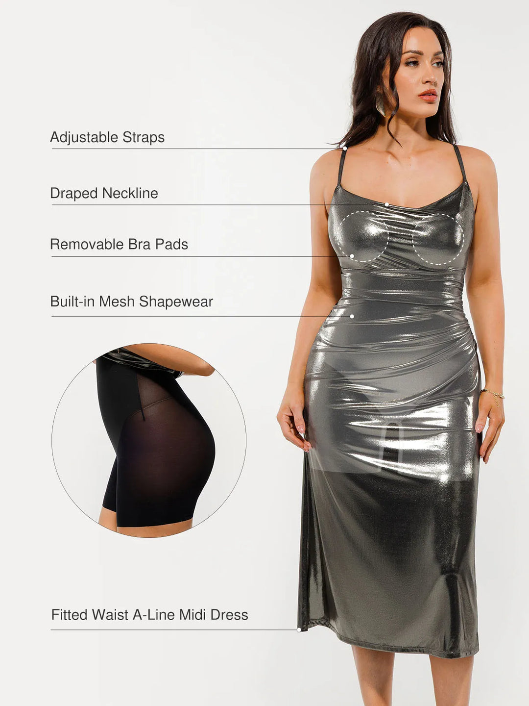 Popilush® Metallic Cowl Neck Side Ruched Sculpting Midi Dress