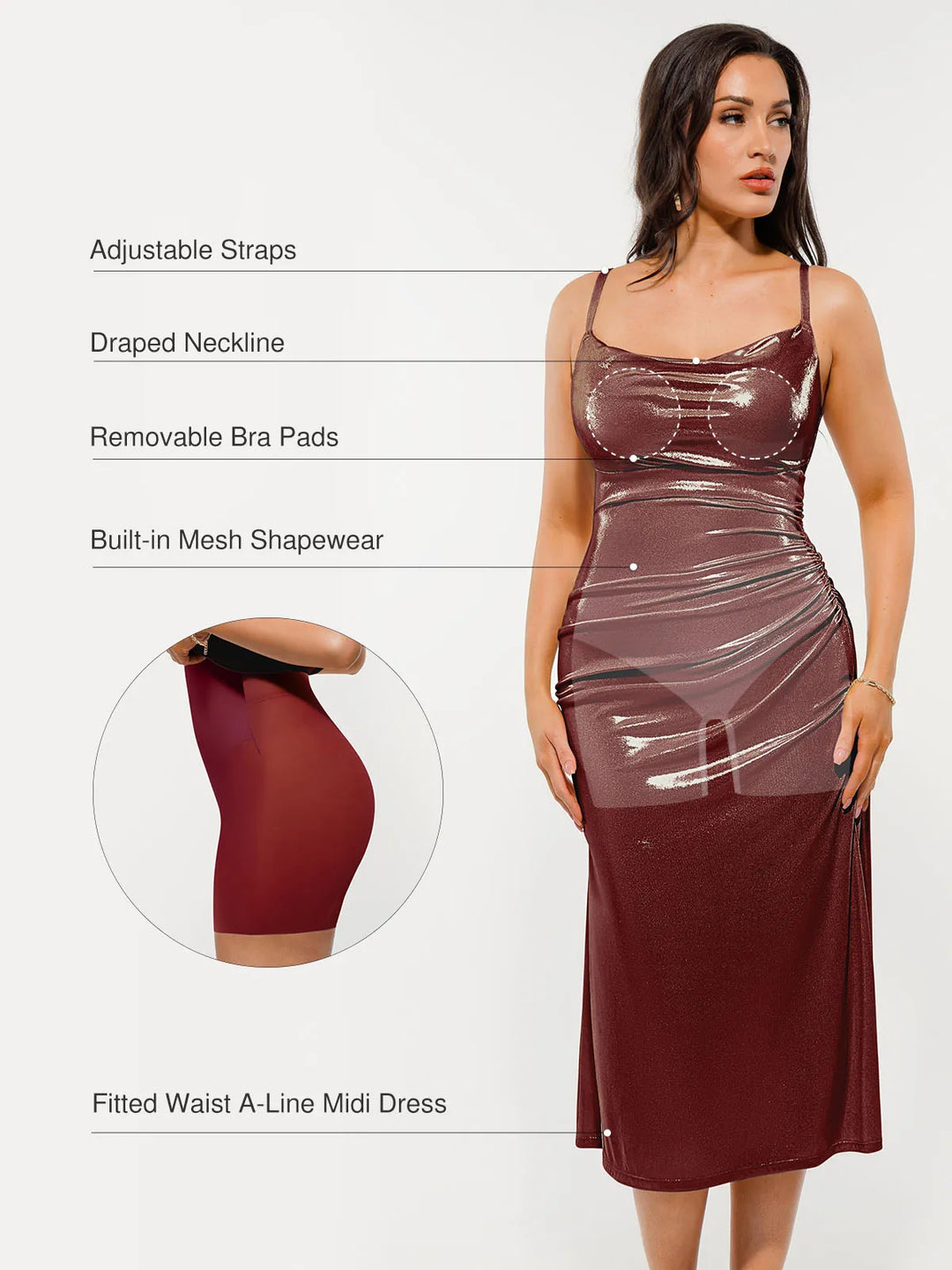 Popilush® Metallic Cowl Neck Side Ruched Sculpting Midi Dress