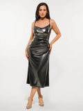Popilush® Black / XS Metallic Cowl Neck Side Ruched Sculpting Midi Dress