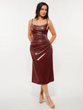 Popilush® Red / XS Metallic Cowl Neck Side Ruched Sculpting Midi Dress