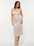 Popilush® White / XS Metallic Cowl Neck Side Ruched Sculpting Midi Dress