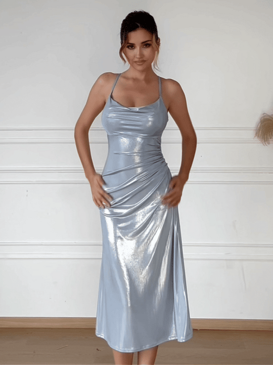 Popilush® Metallic Cowl Neck Side Ruched Sculpting Tummy Control Midi Dress