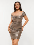 Popilush® Metallic Off-The Shoulder Ruched Sculpting Mini Dress