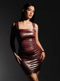 Popilush® Metallic Off-The Shoulder Ruched Sculpting Mini Dress