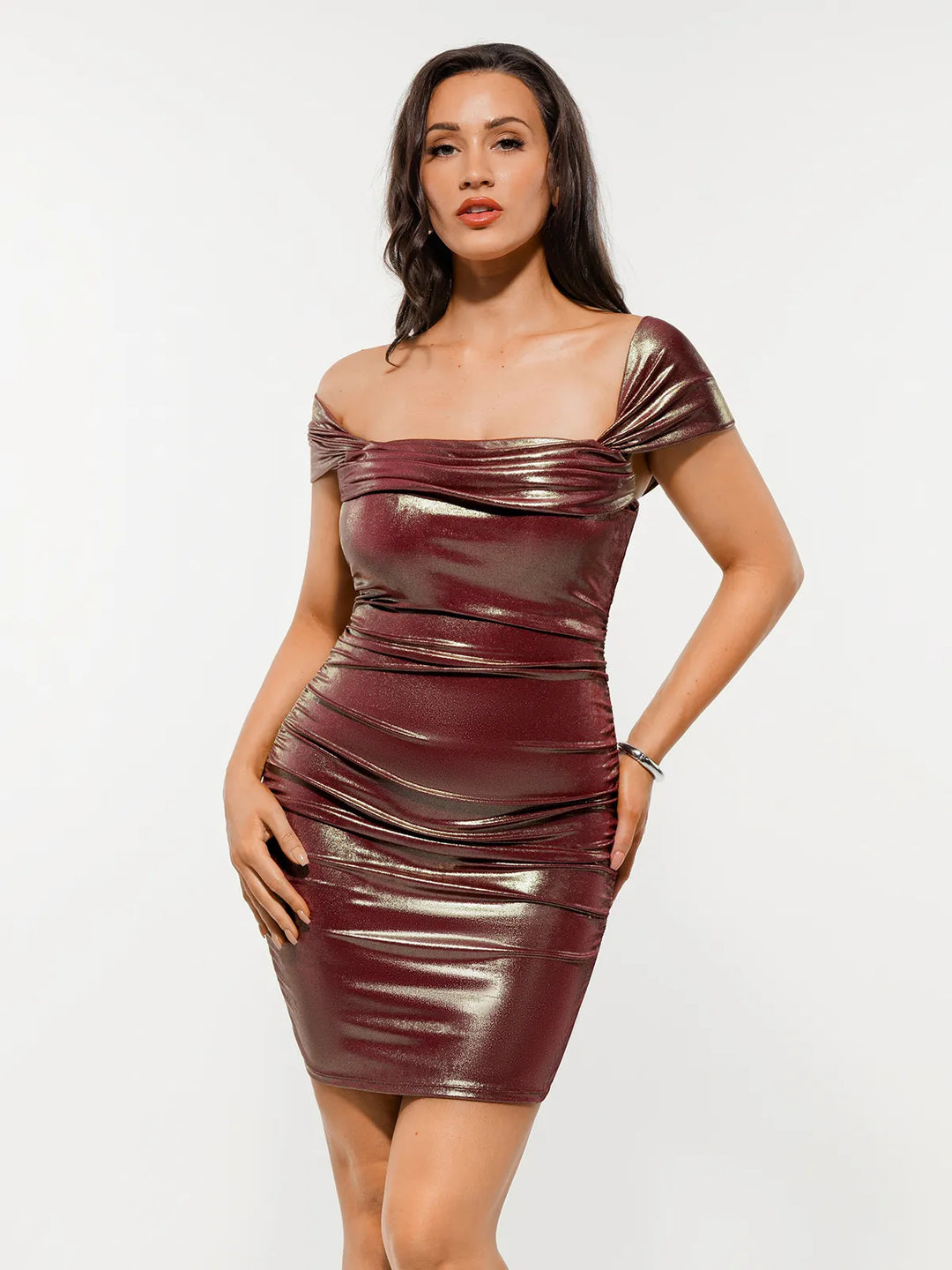 Popilush® Metallic Off-The Shoulder Ruched Sculpting Mini Dress
