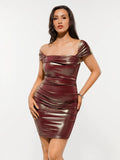 Popilush® Metallic Off-The Shoulder Ruched Sculpting Mini Dress