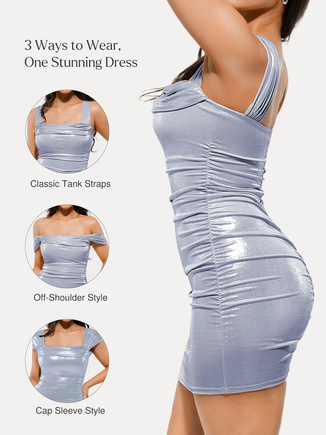 Popilush® Metallic Off-The Shoulder Ruched Sculpting Mini Dress