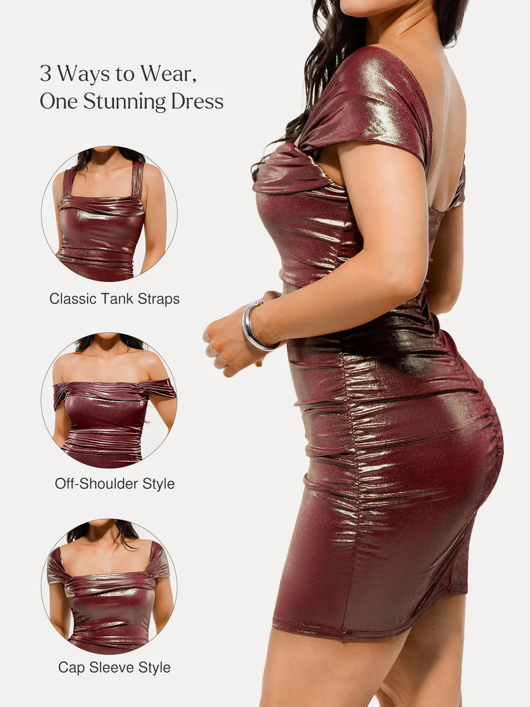 Popilush® Metallic Off-The Shoulder Ruched Sculpting Mini Dress