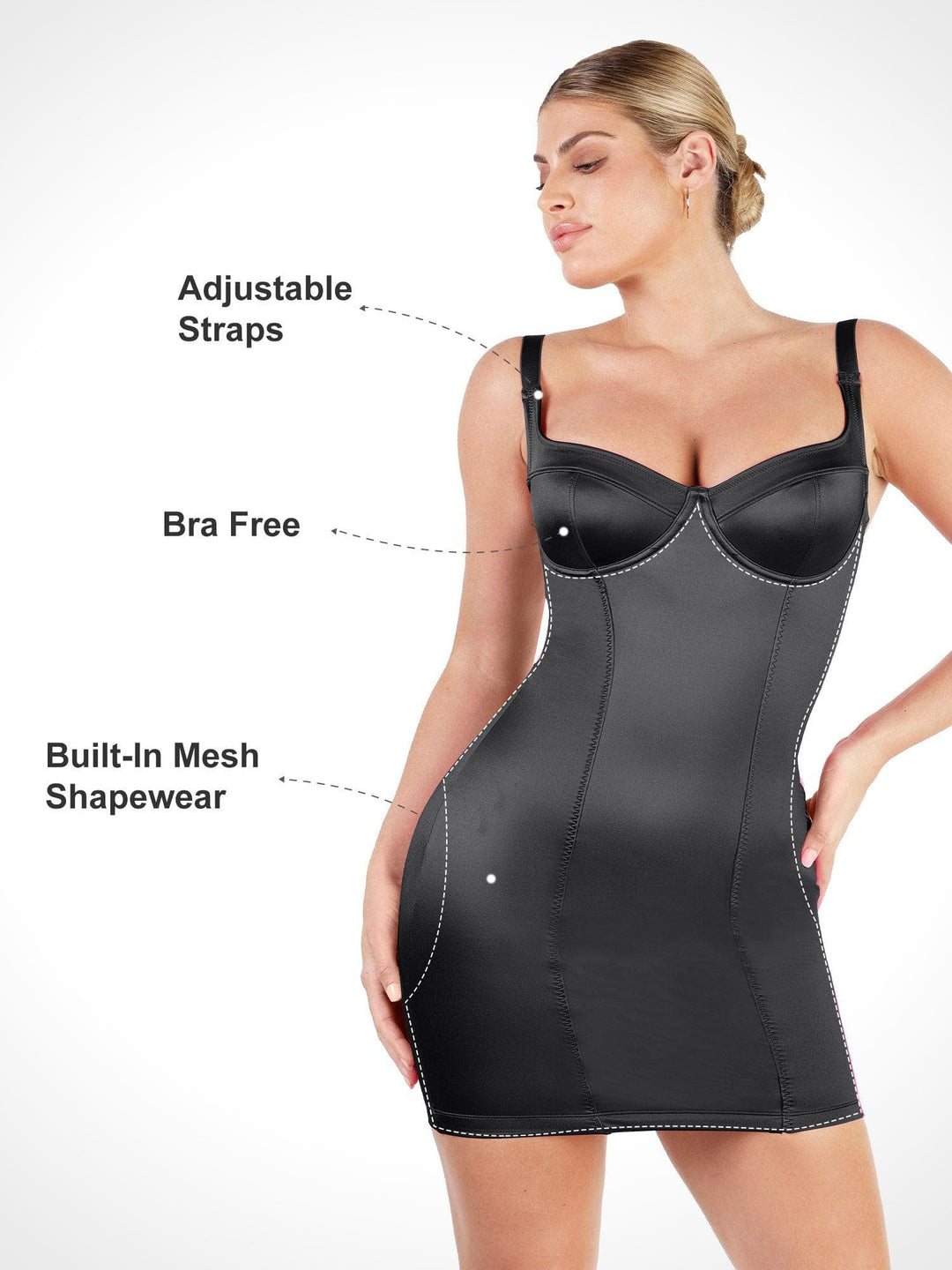 Black bustier mini dress from Popilush®; bra-free design