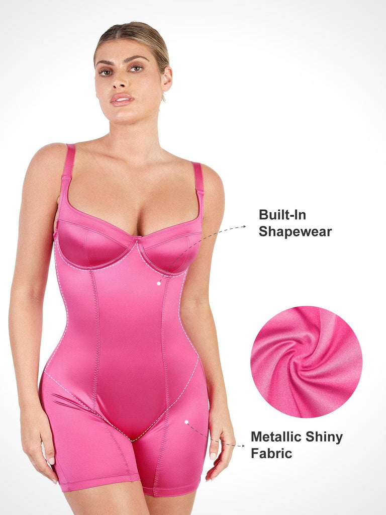 Popilush® Casual Jumpsuit Tummy Control Metallic Shiny One Piece Shapewear Mid Thigh Romper