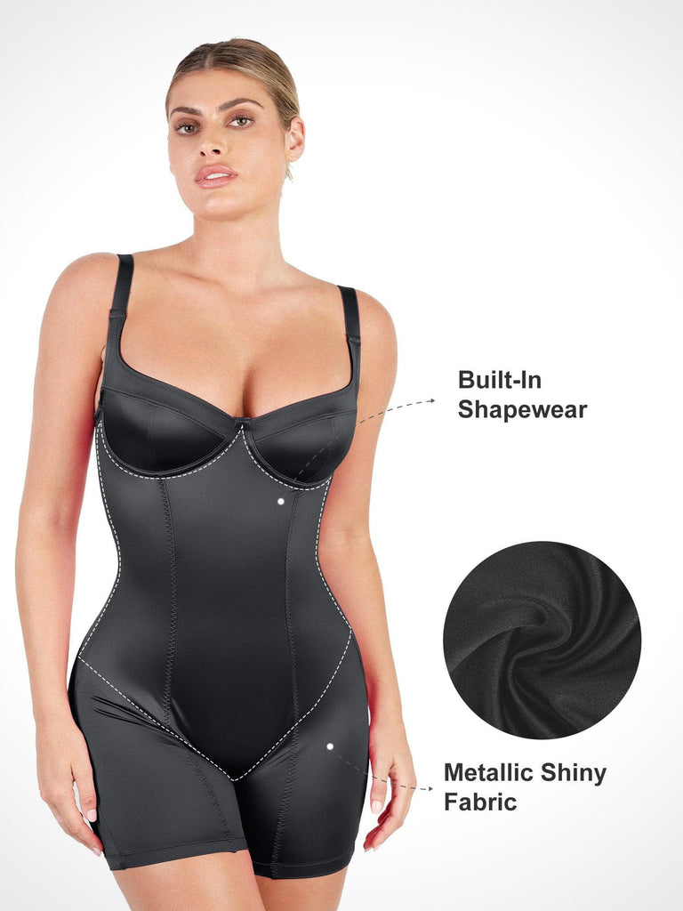 Popilush® Casual Jumpsuit Tummy Control Metallic Shiny One Piece Shapewear Mid Thigh Romper