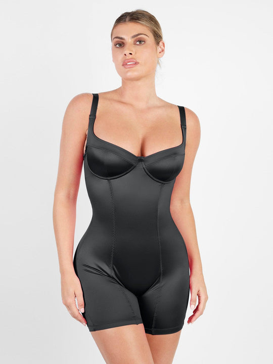 Popilush® black shapewear romper: Mid-thigh design for smoothing and confidence.