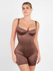 Brown Sculpting Shine metallic romper with corset bust and mid-thigh coverage.