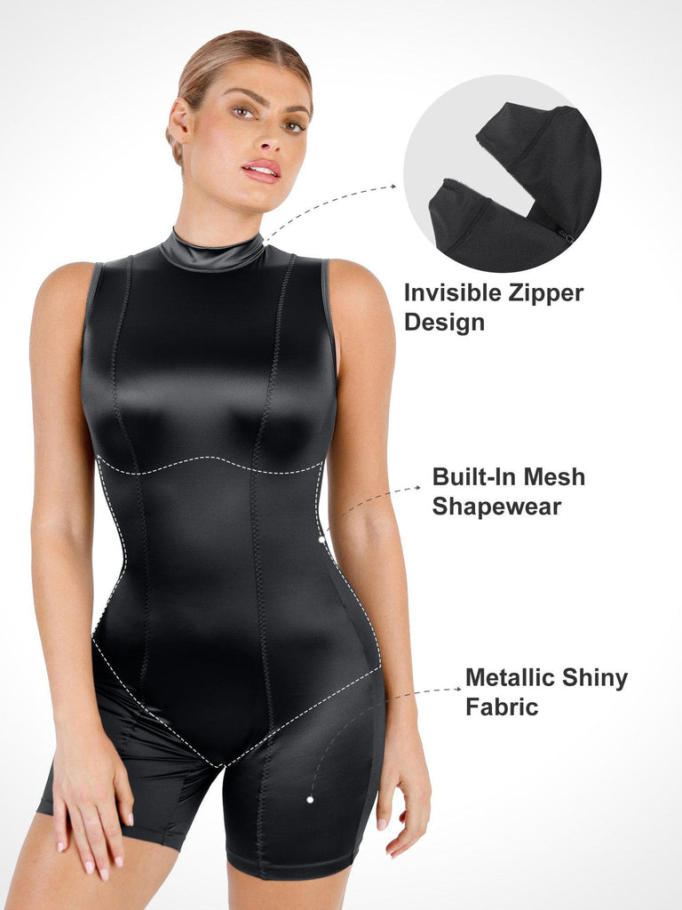Metallic Shiny One Piece Shapewear Mock-Neck Romper | Popilush