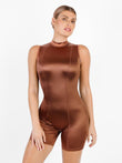 Brown metallic satin mock neck sculpting shapewear romper with tummy control.
