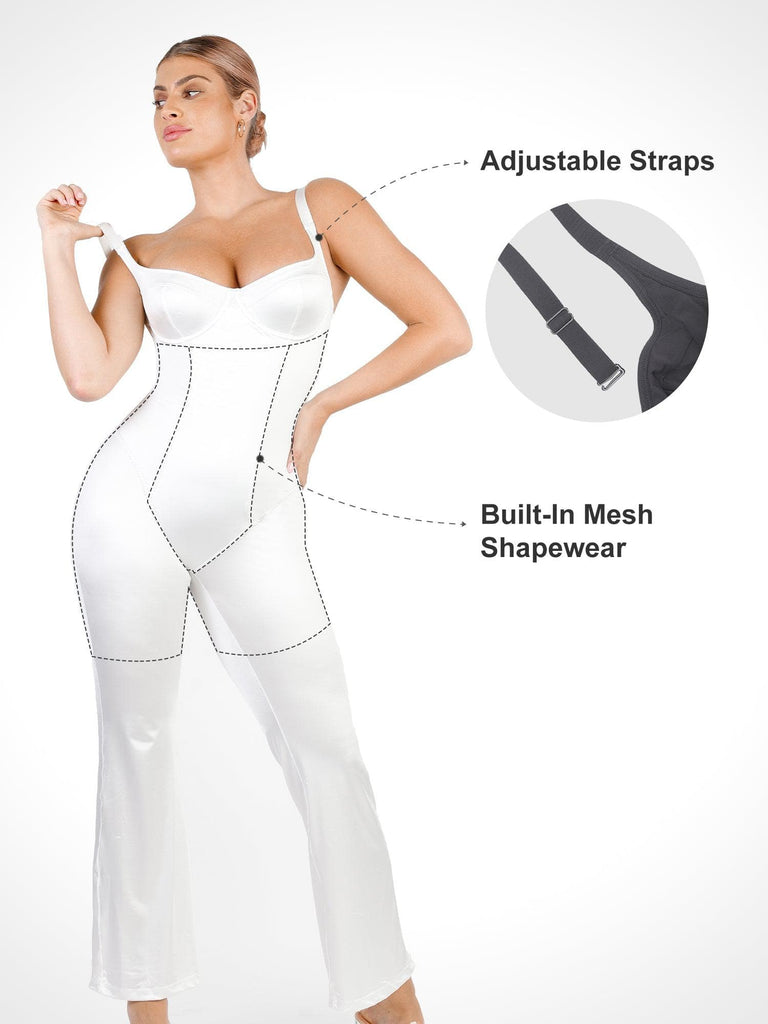 Popilush® Casual Jumpsuit Metallic Shiny One Piece Wide Strap Shapewear Jumpsuit