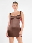 Sleek brown mini dress with built-in shaping; a Popilush® statement piece.