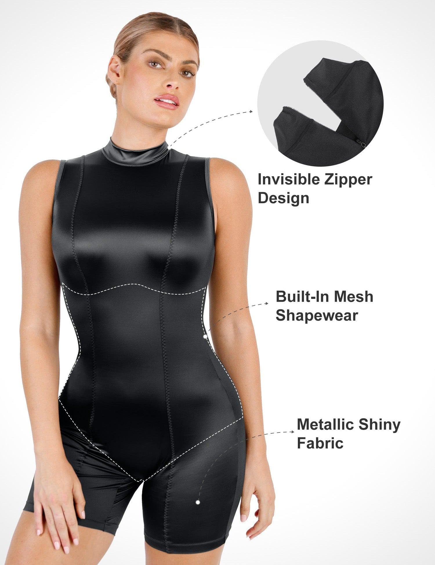 Popilush? Metallic Shiny Shapewear Mock-Neck Romper Or V-Neck Jumpsuit
