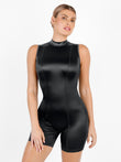 Black metallic shiny mock-neck shapewear romper with tummy control.
