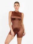 Brown metallic shiny shapewear romper with mock neck and tummy control.