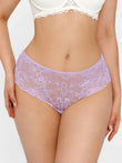 Mid-rise lavender lace brief with floral patterns and comfortable ruffled leg openings.